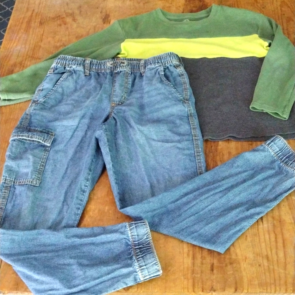 2pc boys denim cargo jogger and waffle knit top
